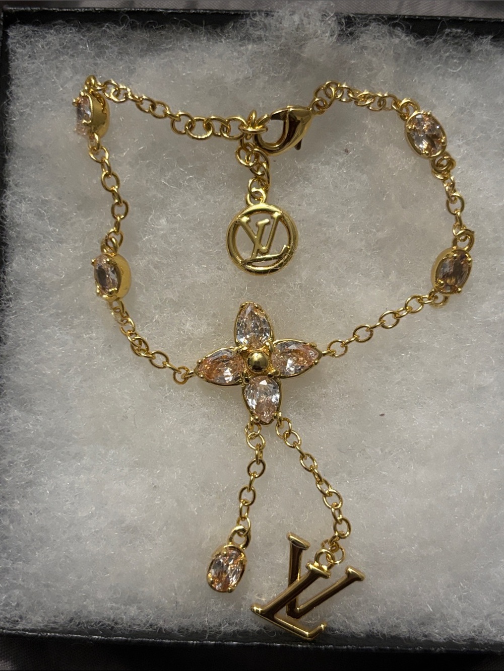 Louis Vuitton Gold Floral Crystal Charm Bracelet with Clear Stones